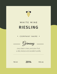 Label for a bottle of wine, glasses and a bunch of grapes. Best quality grape varieties and premium wine brand names labels emblems isolated vector illustration. White wine label Riesling.