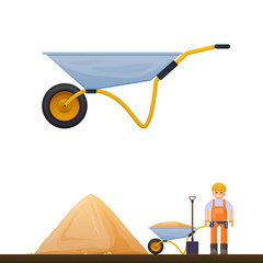 Vector wheelbarrow icon, illustration of a worker with sand shovel and building wheelbarrow