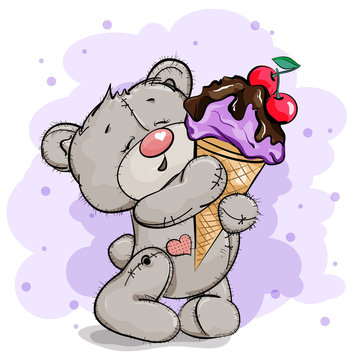 Happy bear holds a huge ice cream in his paws