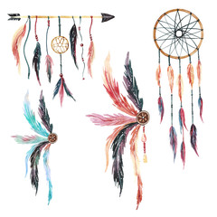 Watercolor teepee, dreamcatcher boho illustration