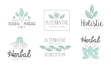 Alternative medicine logo design set, herbal massage, holistic center, homeopathy, herbal medicine hand drawn vector Illustrations on a white background