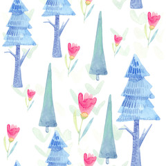 Cartoon watercolor nature seamless pattern. Coniferous forest with firs and flowers