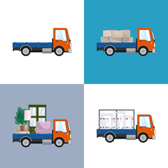 Orange Small Trucks with Different Loads  Isolated, Empty and Covered Trucks, Lorries with Furniture and Windows, Delivery Services,  Transport Services and Logistics, Vector Illustration
