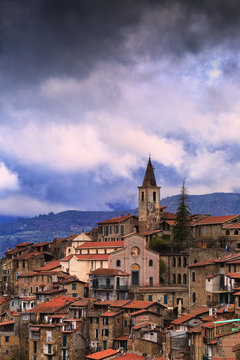 Thunderstorm coming during a sunset in Apricale, Province of Imperia, Liguria, Italy, Europe.