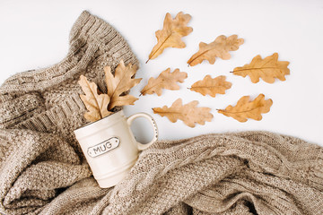 Autumn leaves and  cup of coffee  with warm plaid. Copy space. Flat lay, top view