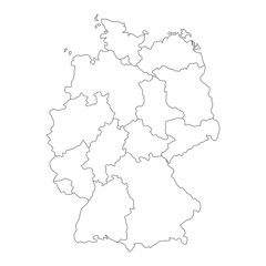 Fototapeta na wymiar Map of Germany divided to federal states and city-states. Simple flat blank white vector map with black outlines.