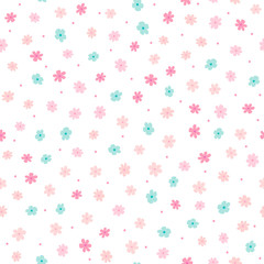 Repeated small cute flowers and round dots. Simple girly floral pattern.