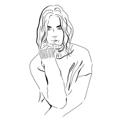 Vector beautiful fashion girl dressed in a sweater, sketch, fashion illustration, poster, banner, leaflet, greeting card.