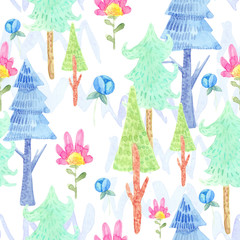 Cartoon watercolor nature seamless pattern. Forest with firs, trees and flowers, plants.