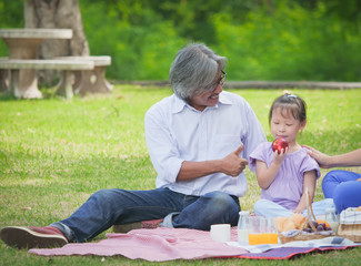 Grandparents spend the time  in holiday with grandchildren at nature park.Happy family concept.