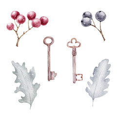 Watercolor keys flower winter boucuets and leaves