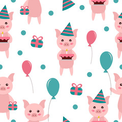 Obraz na płótnie Canvas Seamless pattern cute cartoon pig. Happy birthday theme. Background for kids. Design for fabric, textile, invitations and wrapping paper. Vector illustration