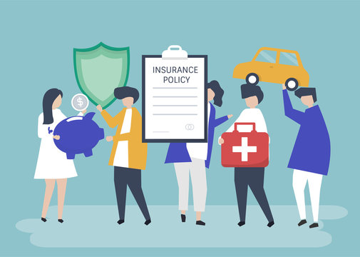 Characters of people holding insurance icons illustration