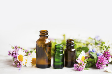 Flowers and herbs essential oil bottles, natural aromatherapy with oils and essences - obrazy, fototapety, plakaty