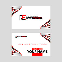 Logo RE design with a black and red business card with horizontal and modern design.