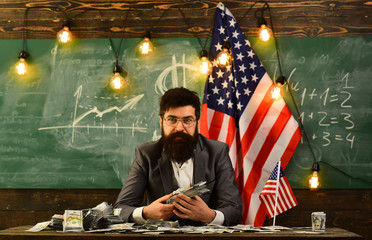 Bearded man with dollar money for bribe. Income planning of budget increase policy. Independence...