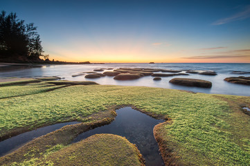 Beautiful sunset seascape with unique rocks formation covered by green moss. soft focus due to slow shutter.