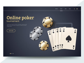 Online poker tournament landing page template. Playing cards with gold and silver chips. Vector illustration for internet casino. Modern web page interface design for gambling. Eps 10.