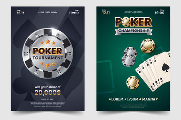 Casino poker tournament invatation design. Gold text with playing chip and cards. Poker party a4 flyer template. Applicable for promotion poster, banner. Vector illustration. - obrazy, fototapety, plakaty