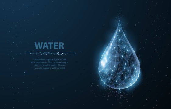 Drop. Low poly wireframe water drop on dark blue with dots and stars.