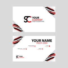 Horizontal name card with decorative accents on the edge and bonus SC logo in black and red.