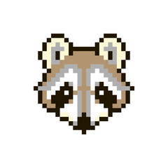 Vector pixel raccoon isolated on white background. 80s-90s style design illustrations - great for stickers, embroidery, badges. racoon cartoon badge or logotype.