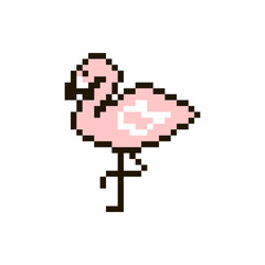 Vector pixel flamingo isolated on white background. 80s-90s style design illustrations - great for stickers, embroidery, badges. Bird cartoon badge or logotype.