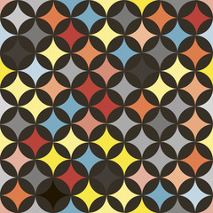 Abstract vector seamless retro tile pattern with geometric rouns colourful texture on black for wrapping, craft, textile