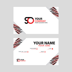 Horizontal name card with decorative accents on the edge and bonus SO logo in black and red.