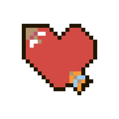 Fototapeta premium Vector pixel heart with arrow isolated on white background. 80s-90s style design illustrations - great for stickers, embroidery, badges. Heart cartoon badge or logotype.