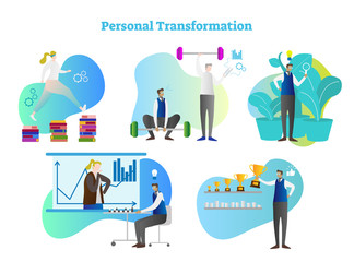 Personal transformation vector illustration collection set. Human growth by reading books and learning, physical development and keep in shape, research and coaching.