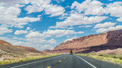 Historical route 66. Cars and landscape of the desert in Arisona