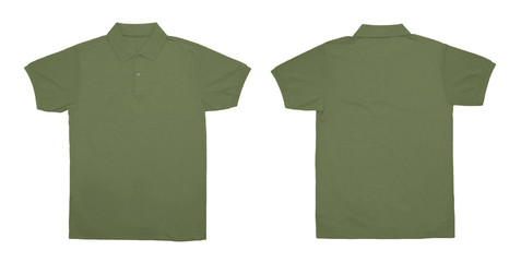Blank Polo shirt color military green front and back view on white background