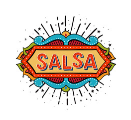 Salsa vector logotype. Coloful festive frame background. Poster for dance party, cards, banners, t-shirts, dance studio.