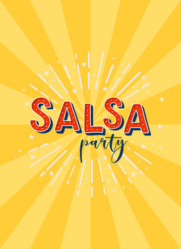 Salsa party vector logotype. Yellow rays background.  Poster for dance party, cards, banners, t-shirts, dance studio. 