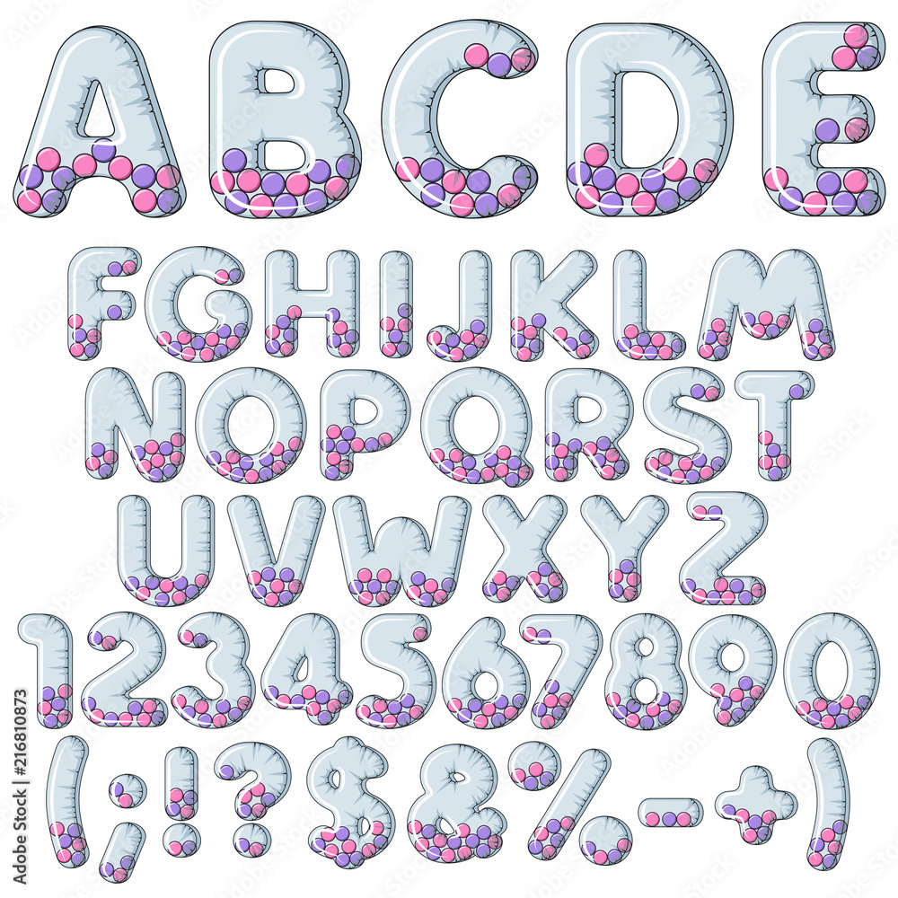 Poster inflatable alphabet, letters, numbers and signs with balls. set of colored vector isolated objects o