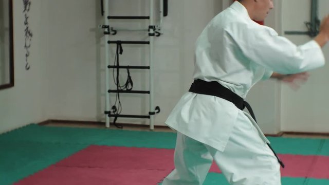 Young man with muscled body, training martial arts Goju-Ryu Karate-Do