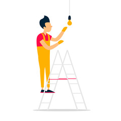 Electrician hangs a light bulb, repairs, construction. Flat style vector illustration