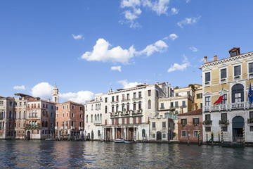 Fototapeta na wymiar Dusk on the Grand Canal, Cannaregio, Venice, Veneto, Italy with historical Venetian palaces, palazzos 