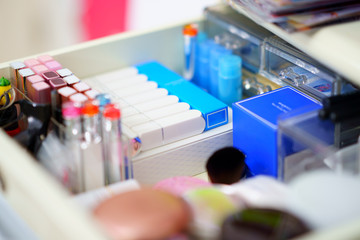 cosmetic stuffs in make-up drawer