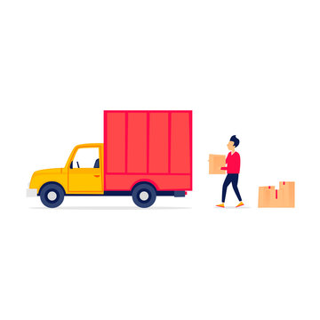Trucking, truck, moving, boxes. Flat style vector illustration