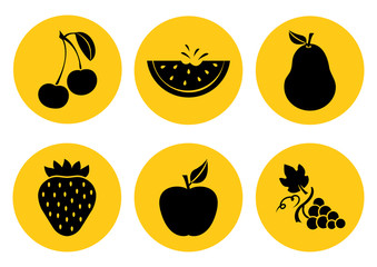 Set of fruit icons. Black silhouette on bright yellow background. Vector illustration
