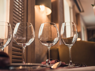 Empty glasses in restaurant or cafe, toned