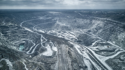 Aerial view of asbestos opencast mining quarry - view from above. Panorama of the quarry mining.
