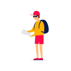 Man holding a map, travel, vacation. Flat style vector illustration.