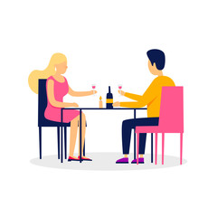 Date, lovers sit in the restaurant drink wine. Flat style vector illustration.