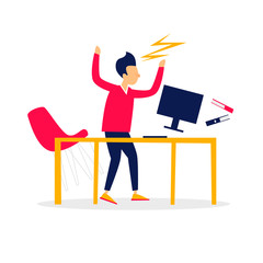 Angry businessman crushed the workplace. Flat style vector illustration.