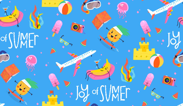 Colorful pattern with blue backgroung and summer characters and elements