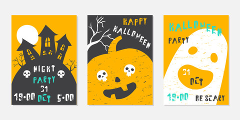 Funny flyers for Halloween night party. Vector hand drawn illustration.