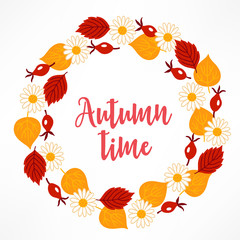 Obraz na płótnie Canvas Autumn wreath with chamomile, leaves, briar on white background